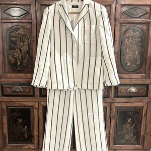 Theory Brightdale Wide-Stripe Linen Blazer & Pants Set - Size 4, Cream & Blue